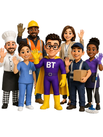 BT junto a trabajadores de distintos oficios: chef, construcción, salud, reparto y limpieza